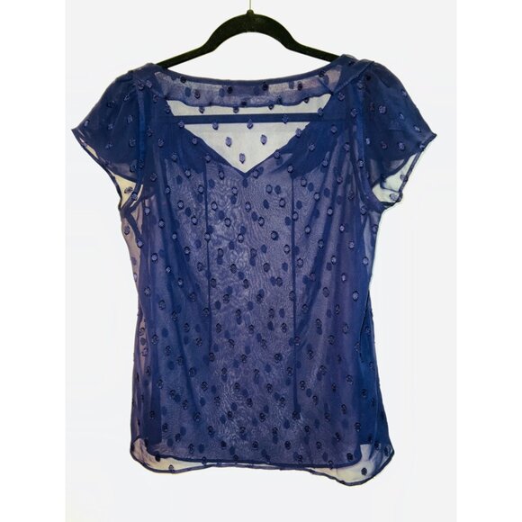 Loft Navy Blue Sheer Polka Dot Blouse - Womens Size XS - Picture 2 of 2